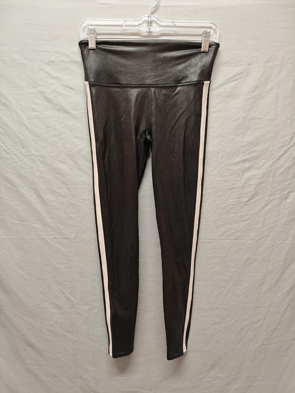 Spanx Leggings Womens Medium Black Faux Leather Side Stripe High Waisted Coated
